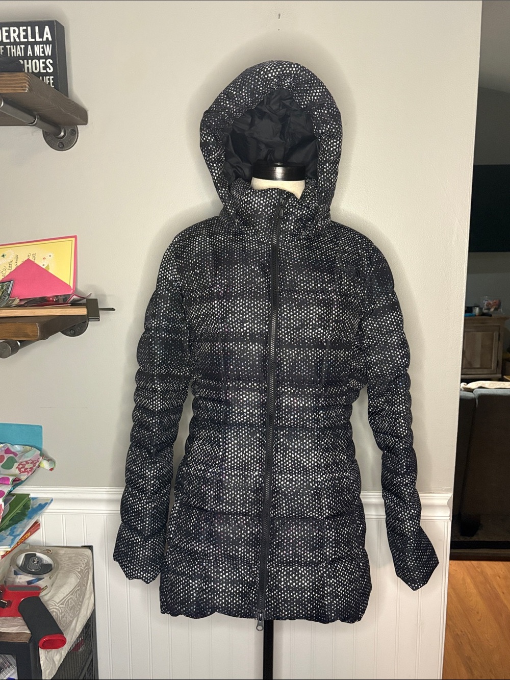 The North Face Black & White Dot-Patterned Hooded Puffer Coat